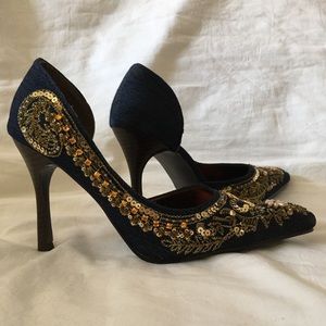Anne Michelle Navy Blue Gold Sequins Heel